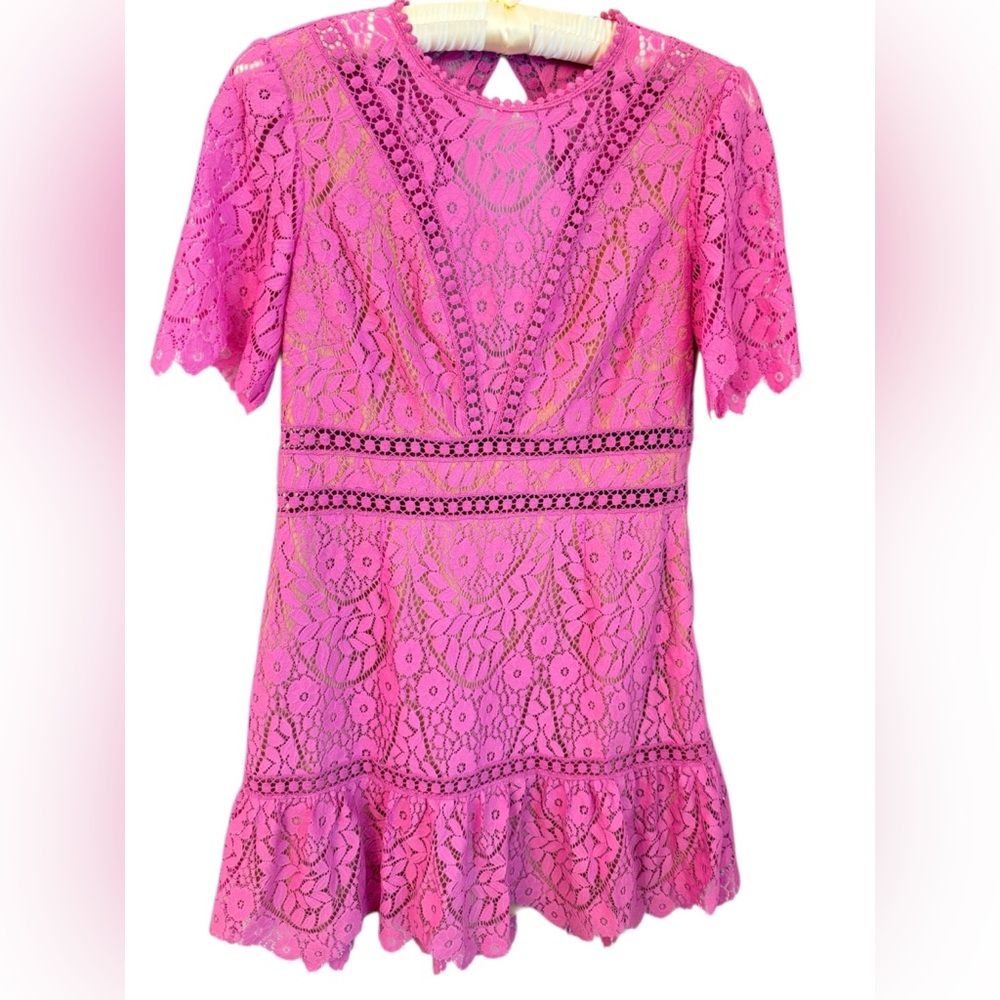Saylor Pink Lace Mini Dress Short Sleeve Fit Flare Size L